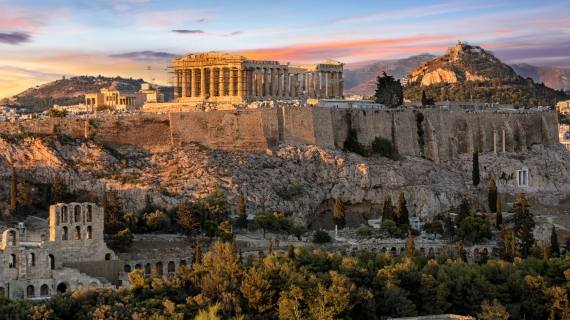 Vista del Acrópolis al atardecer, Atenas, Grecia
