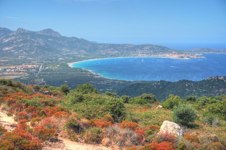 Vistas de la bahía de Calvi desde la aldea abandonada de Occi, Córcega, Francia